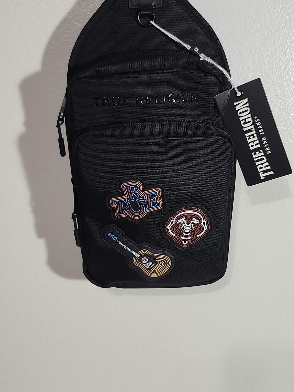 True Religion Black Crossbody Sling Bag with Patches For Women Or Men - Picture 2 of 5
